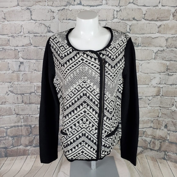 Lucky Brand Black White Knit Zip Front Cardigan XL Chevron Pattern - Picture 1 of 14